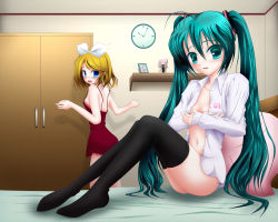 2girls ahoge bed black_legwear blonde_hair blue_eyes blue_hair blush bow clock closet covering_breasts covering_privates dress embarrassed green_hair hair_bow hair_tie hatsune_miku implied_yuri kagamine_rin long_hair multiple_girls neck no_bra on_bed open_clothes open_mouth open_shirt panties pillow shirt sitting standing striped_clothes striped_panties thighhighs twintails underwear very_long_hair vocaloid white_bow white_shirt yamaha