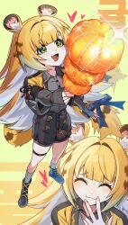 1girl :3 ^_^ animal_ear_fluff animal_ears black_jacket black_shorts blonde_hair blunt_bangs chakka_beta closed_eyes collared_shirt colored_inner_hair colored_tips fang food fruit green_eyes grey_hair grey_shirt heart highres holding holding_food jacket ju_fufu long_hair long_sleeves multicolored_hair multiple_views open_mouth orange_(fruit) orange_hair shirt shoes shorts smile socks sparkle standing streaked_hair tail tiger_ears tiger_girl tiger_tail two-tone_hair very_long_hair white_hair zenless_zone_zero