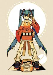 Rule 34 | 1girl, alternate costume, aqua hair, armpit crease, back bow, bandaged leg, bandages, bandaid, bandaid on knee, bandaid on leg, bandaid on thigh, bare shoulders, black shoes, blue eyes, blue hair, boombox, bow, breasts, bright pupils, brown background, cassette tape, checkered floor, circle, cleavage, cleavage cutout, closed mouth, clothing cutout, clothing request, commentary, covering one eye, detached sleeves, double-parted bangs, full body, hair between eyes, hair ornament, hand up, hatsune miku, headphones, headset, high collar, highres, holding, holding cassette, large bow, leg warmers, long hair, long sleeves, looking at viewer, medium breasts, multicolored background, multicolored hair, orange shirt, outline, polka dot, polka dot bow, polka dot ribbon, red sleeves, ribbon, shirt, shoes, simple background, sleeveless, sleeveless shirt, smile, solo, standing, stereo, straight-on, tenteko mai51, thick eyelashes, twintails, two-tone hair, very long hair, vocaloid, white background, white leg warmers, white outline, white pupils, wide sleeves, yellow bow, yellow outline, yellow ribbon