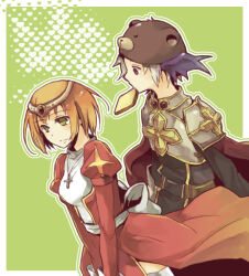 1boy 1girl armor back_bow bear_hat black_shirt black_tabard bow bread bread_slice breastplate brown_eyes brown_hair cape circlet closed_mouth commentary_request commission cowboy_shot cross cross_necklace dress food food_in_mouth green_background grey_hair head_wings heart high_priest_(ragnarok_online) jewelry juliet_sleeves long_sleeves lord_knight_(ragnarok_online) mouth_hold necklace pauldrons puffy_sleeves ragnarok_online red_cape red_dress red_eyes sash shirt short_hair shoulder_armor smile tabard thighhighs toast toast_in_mouth two-tone_dress white_bow white_dress white_sash white_thighhighs wings yuzu_juncgr