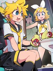 1boy absurdres artist_name black_sailor_collar black_shorts black_socks blonde_hair blue_eyes blue_hair bongfill bow caught chair covering_own_mouth crop_top embarrassed food food_bite food_on_face fruit gaming_chair hair_between_eyes hair_bow hair_ornament hairclip hand_between_thighs hatsune_miku highres kagamine_len kagamine_rin long_hair looking_at_another neckerchief necktie nervous_sweating no_pupils on_chair open_mouth pear pearto ponytail poster_(object) sailor_collar shirt short_hair short_ponytail short_sleeves shorts sitting sleeveless sleeveless_shirt smile socks surprised sweat swivel_chair teeth third-party_source tie_clip upper_teeth_only utau vocaloid walk-in white_bow white_shirt yellow_neckerchief yellow_necktie
