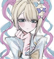 1girl aegyo_sal arm_up bandaid bandaid_on_arm blonde_hair blue_eyes blue_hair blue_serafuku blush bow chest_bow chouzetsusaikawa_tenshi-chan frown hair_bow hand_on_own_chin highres injury looking_at_viewer multiple_hair_bows multiple_scars needy_girl_overdose pao_(i_loxe_u) pink_hair quad_tails scar scar_on_arm school_uniform serafuku sidelocks solo upper_body white_background wrist_cutting