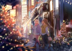 2girls absurdres bag black_hair black_pantyhose black_skirt blonde_hair building chinese_commentary christmas christmas_tree closed_eyes closed_mouth commentary_request couple detached_sleeves dkl_(dinosaurkl2) dress_shirt hair_ornament hairclip highres holding_hands inoue_takina jacket lamppost long_hair long_sleeves looking_at_another lycoris_recoil multiple_girls nishikigi_chisato one_side_up open_mouth outdoors pantyhose people pink_pantyhose pink_scarf purple_eyes purple_jacket scarf shirt shopping_bag short_hair sidelocks skirt smile snow sweater sweater_vest white_shirt white_sweater yellow_sweater_vest yuri