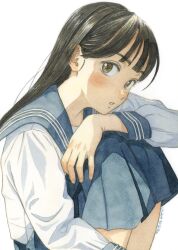 Rule 34 | 1girl, absurdres, black hair, blue sailor collar, blue skirt, blush, brown eyes, highres, knees to chest, long hair, looking at viewer, original, painting (medium), parted lips, sailor collar, school uniform, serafuku, shinomiya nanase, shirt, skirt, solo, traditional media, watercolor (medium), white shirt