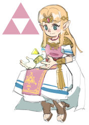Rule 34 | 1girl, armor, blonde hair, blue eyes, blush, circlet, dress, earrings, floating, floating object, gami himatubusi, jewelry, logo, long hair, necklace, nintendo, parted bangs, pointy ears, princess zelda, sandals, short sleeves, shoulder armor, simple background, smile, solo, the legend of zelda, the legend of zelda: a link between worlds, tiara, triforce, white background