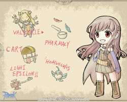 1girl :d alchemist_(ragnarok_online) axe belt bird blue_bird blunt_bangs boots brown_background brown_belt brown_cape brown_dress brown_hair cape chibi chibi_only child&#039;s_drawing copyright_notice cross dress elbow_gloves filir_(ragnarok_online) fingerless_gloves flat_chest fur_collar gloves guest_art half_up_braid leaf logo long_hair mortar_(bowl) official_art official_wallpaper open_mouth pestle pullcart purple_gloves ragnarok_online red_eyes short_dress simple_background smile solo strapless strapless_dress uragawa_(uraga_iori) valkyrie_(ragnarok_online) vial