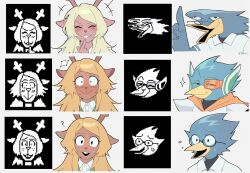 +++ 1boy 1girl ? animal_ears beak berdly_(deltarune) bird_boy black-framed_eyewear blonde_hair buck_teeth closed_eyes deer_ears deer_girl deltarune furry furry_female furry_male glasses highres index_finger_raised long_hair looking_at_viewer multiple_expressions multiple_views noelle_holiday open_mouth portrait raised_eyebrow reference_inset round_eyewear sanbel780308 screenshot_inset simple_background teeth white_background