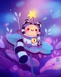 1boy animal_ears artist_name bell blush cat_ears cat_tail colorful commentary ellievsbear english_commentary glowing highres leaf light_particles nature neck_bell original purple_theme signature sitting smile solid_circle_eyes solo star_(symbol) tail whiskers