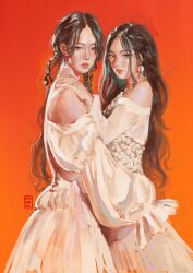 2girls black_eyeliner braid brown_hair closed_mouth commentary dress earrings eyelashes eyeliner gfriend hand_on_another&#039;s_shoulder highres hobibiscuit jewelry k-pop long_hair long_sleeves looking_at_viewer makeup multiple_girls orange_background profile real_life red_lips sinb_(gfriend) umji_(gfriend) viviz white_dress