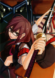 1girl absurdres ask02 brown_eyes brown_hair desk female_focus glasses highres katana long_hair mole mole_under_mouth original school school_uniform solo sword weapon