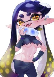 Rule 34 | 1girl, agent 3 (splatoon 3), agent 3 (splatoon 3) (cosplay), arm wrap, bazumi, blonde hair, blue hair, breasts, callie (splatoon), covered erect nipples, cowboy shot, crop top, ear piercing, fangs, groin, hand on own hip, inkling, long hair, looking at viewer, medium breasts, midriff, mole, mole under eye, multicolored hair, navel, nintendo, open mouth, piercing, pointy ears, shirt, smile, solo, splatoon (series), splatoon 3, tentacle hair, torn clothes, torn shirt, twintails, two-tone hair, yellow eyes
