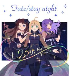 Rule 34 | 3girls, ahoge, artoria pendragon (fate), black dress, black gloves, black hair, black pantyhose, black ribbon, blonde hair, blue eyes, closed mouth, commentary request, copyright name, dress, english text, fate/stay night, fate (series), floating hair, formal clothes, gloves, green eyes, hair ribbon, hal (haaaalhal), highres, long hair, matou sakura, multiple girls, official alternate costume, one eye closed, pantyhose, purple eyes, purple hair, ribbon, saber (fate), short hair, sidelocks, smile, tohsaka rin, two side up