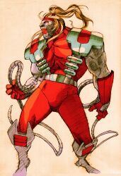 Rule 34 | 1boy, absurdres, armor, bengus, blonde hair, bodysuit, capcom, colored skin, game cg, grey skin, headband, highres, long hair, looking to the side, male focus, marvel, marvel vs. capcom, marvel vs. capcom 2, mechanical tentacles, muscular, muscular male, non-web source, omega red, omega symbol, open mouth, ponytail, red bodysuit, red eyes, red headband, scan, shoulder armor, shouting, solo, soviet, teeth, x-men, zombie