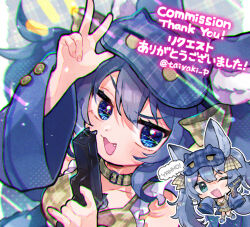 1girl animal_ear_fluff animal_ears belt_collar blue_eyes blue_hair blush cat_ears chibi collar commission doradorakingyo fang fingernails gun handgun holding holding_gun holding_weapon indie_virtual_youtuber lanmewko long_sleeves one_eye_closed open_mouth plaid_clothes plaid_shirt shirt skeb_commission sleep_mask sleeves_past_fingers sleeves_past_wrists thank_you twitter_username v virtual_youtuber weapon