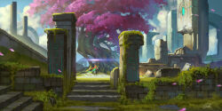 Rule 34 | 1girl, brick wall, cape, chinnkun, cloud, facing away, fantasy, from behind, grass, holding, holding staff, landscape, original, painterly, pink leaf, ruins, runes, signature, sky, staff, stairs, tree, wind