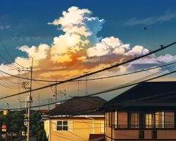 bird car cloud cloudy_sky curtains flying house lamppost mizuasagi motor_vehicle no_humans open_window original outdoors road_sign scenery sign sky tree window