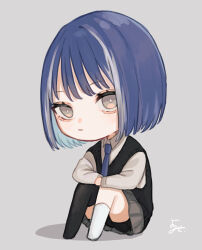 Rule 34 | 1girl, black sweater vest, black thighhighs, blue hair, blue necktie, bob cut, bright pupils, chibi, collared shirt, colored inner hair, commentary request, grey background, grey eyes, grey skirt, highres, looking at viewer, medium hair, multicolored hair, necktie, original, pleated skirt, school uniform, shirt, signature, single sock, single thighhigh, sitting, skirt, socks, solo, streaked hair, sweater vest, thighhighs, white hair, white pupils, white shirt, white socks, yoruse