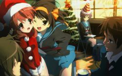 Rule 34 | 2boys, 3girls, absurdres, asahina mikuru, blush, book, breasts, brown eyes, brown hair, cheek-to-cheek, christmas, christmas lights, christmas ornaments, christmas tree, convenient censoring, covering privates, covering crotch, cup, embarrassed, grey hair, hair ribbon, hand on own hip, hat, heads together, highres, implied yuri, koizumi itsuki, kyon, legs, light brown hair, looking at another, looking at viewer, miniskirt, multiple boys, multiple girls, nagato yuki, nishiya futoshi, official art, one eye closed, open mouth, reading, red eyes, ribbon, santa costume, santa hat, scan, school uniform, sitting, skirt, smile, sunlight, suzumiya haruhi, suzumiya haruhi no yuuutsu, teacup, yuri