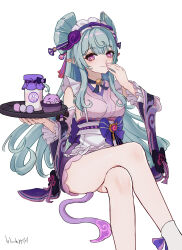 1girl absurdres apron aqua_hair bell blackxyfaf breasts crossed_legs dango dango_milk_(genshin_impact) detached_sleeves feet_out_of_frame fingernails food frilled_apron frilled_hairband frills genshin_impact hairband hand_to_own_mouth highres holding holding_tray japanese_clothes kimono long_hair looking_at_viewer neck_bell nihongami obi pink_nails pink_pupils pointy_ears purple_eyes sash short_kimono simple_background sitting smile tail tapir_tail tray wagashi white_background wide_sleeves yumemizuki_mizuki