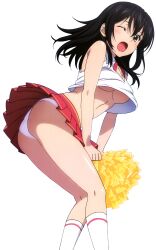 1girl absurdres black_hair brown_eyes cheerleader highres himeragi_yukina medium_hair official_art one_eye_closed open_mouth panties pantyshot simple_background socks solo strike_the_blood thighs underwear white_background