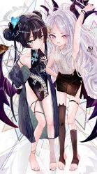 2girls absurdres aiu_. arm_up armpits bare_shoulders black_coat black_dress black_hair black_nails black_skirt blue_archive breasts butterfly_hair_ornament china_dress chinese_clothes coat demon_girl demon_horns demon_wings double_bun dragon_print dress grey_eyes grey_halo hair_bun hair_ornament halo highres hina_(blue_archive) horns kisaki_(blue_archive) long_hair miniskirt multiple_girls nail_polish pencil_skirt purple_eyes purple_halo purple_horns purple_nails purple_wings shirt side_slit single_sock single_thighhigh skirt sleeveless sleeveless_dress small_breasts socks stirrup_legwear striped_coat thighhighs toeless_legwear toenail_polish toenails toes vertical-striped_coat white_hair white_shirt wings