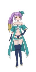 Rule 34 | 1girl, :3, anime coloring, aoi tomato, bare shoulders, belt, blonde hair, blue boots, blunt bangs, boots, breasts, closed mouth, collarbone, earrings, full body, hand on own hip, hat, highres, jewelry, long hair, looking at viewer, mini hat, navel, open hand, ponite (tsuihousha shokudou e youkoso!), robe, side ponytail, simple background, smile, solo, standing, tareme, thigh boots, thighs, transparent background, tsuihousha shokudou e youkoso!, very long hair, yellow eyes