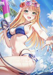 Rule 34 | 1girl, :d, bare arms, bikini, blonde hair, blue bikini, blue sky, blunt bangs, blush, breasts, cleavage, commentary request, eyewear on head, floating hair, flower, gakuen idolmaster, green eyes, hair flower, hair ornament, hairclip, hibiscus, highres, holding, holding water gun, idolmaster, kimi to semi blue (idolmaster), long hair, medium breasts, mole, mole under eye, multi-strapped bikini bottom, navel, open mouth, outdoors, outstretched hand, pink-tinted eyewear, red flower, shiun sumika, side-tie bikini bottom, sideboob, sky, smile, solo, strap gap, summer, sunglasses, sunlight, swimsuit, tinted eyewear, underboob, water gun, wds666, white-framed eyewear