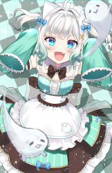 1girl absurdres apron artist_name back_bow blue_eyes bow bowtie brown_bow brown_bowtie brown_skirt checkered_background commentary cowboy_shot detached_collar detached_sleeves dress english_commentary fang gami_(gami37260414) ghost ghost_pose gradient_hair green_background green_dress green_hair green_sleeves highres indie_virtual_youtuber looking_at_viewer mint_fantome mint_fantome_(minto_2.0) multicolored_hair open_mouth simple_background skin_fang skirt sleeves_past_fingers sleeves_past_wrists smile solo sparkle two_side_up virtual_youtuber waist_apron white_apron white_hair wisps_(mint_fantome)