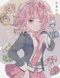 5girls absurdres armband belt black_jacket blazer brown_eyes club_(shape) club_hair_ornament collared_shirt dia_(shugo_chara!) diamond_(shape) diamond_hair_ornament guardian_chara gyaru_v hair_ornament heart heart&#039;s_egg_(shugo_chara!) heart_hair_ornament highres hinamori_amu jacket long_hair long_sleeves looking_at_viewer medium_hair miki_(shugo_chara!) multicolored_background multiple_girls necktie nisiki_0 one_eye_closed pink_hair plaid_clothes plaid_skirt purple_background ran_(shugo_chara!) red_armband red_necktie red_skirt school_uniform seiyo_academy_school_uniform shirt short_hair shugo_chara! skirt spade_(shape) spade_hair_ornament suu_(shugo_chara!) v white_background x_hair_ornament