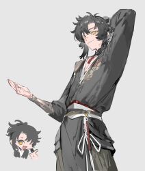 Rule 34 | 1boy, arm up, arms behind head, black hair, chibi, chibi inset, chinese clothes, closed mouth, grey background, hair between eyes, highres, long sleeves, male focus, one eye closed, original, qyzhiaiyisheng, short hair, simple background, smile, yellow eyes