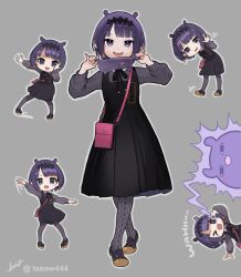 Rule 34 | 1girl, aged down, artist name, beret, black dress, blunt bangs, commentary request, dress, gradient hair, grey background, hands up, hat, highres, hololive, hololive english, laaaw444, looking at viewer, multicolored hair, multiple views, ninomae ina&#039;nis, ninomae ina&#039;nis (casual), official alternate costume, orange hair, outline, parody, pinafore dress, pinstripe pattern, pinstripe shirt, pointy ears, purple hair, shirt, short hair, shukusei!! loli-kami requiem, signature, simple background, sleeveless, sleeveless dress, standing, takodachi (ninomae ina&#039;nis), tentacle hair, twitter username, virtual youtuber, waving, white outline