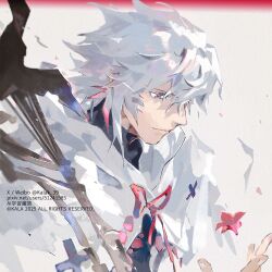 1boy black_shirt closed_mouth fate/grand_order fate_(series) flower grey_hair hair_between_eyes kalak_39 looking_down male_focus merlin_(fate) pink_flower pink_petals portrait purple_eyes red_background robe shirt short_hair solo two-tone_background watermark white_background white_robe