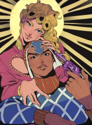 2boys argyle_clothes argyle_sweater black_eyes blonde_hair braid cleavage_cutout clothing_cutout giorno_giovanna guido_mista gun h_ikusaa halo hand_on_another&#039;s_head hand_on_another&#039;s_shoulder handgun hat highres jacket jojo_no_kimyou_na_bouken light lips long_hair long_sleeves looking_at_viewer male_focus multiple_boys parted_lips pink_jacket school_uniform smile sweater turtleneck vento_aureo weapon