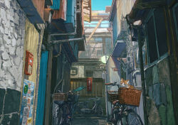 air_conditioner alley animal basket bicycle bicycle_basket bird blue_sky building cat city day door highres keishi109 lamppost no_humans original outdoors power_lines road scenery sign sky street sunlight