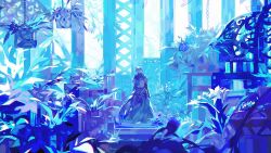 1boy armor blonde_hair blue_cape blue_scarf blue_theme cape chain chinese_commentary commentary english_commentary flower from_behind greenhouse grey_armor hanging_plant landscape long_sleeves loose_hair_strand male_focus mixed-language_commentary original plant scarf shoulder_pads sisou solo stairs white_flower window