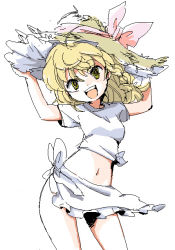 1girl adapted_costume blonde_hair braid female_focus hand_on_headwear hat ica kirisame_marisa midriff navel no_panties oekaki sarong shirt smile solo straw_hat tied_shirt touhou yellow_eyes