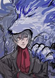 1boy absurdres animal antonio_salieri_(fate) antonio_salieri_(second_ascension)_(fate) ascot biting chain closed_eyes confused crossed_arms fate/grand_order fate_(series) fog_fgo grey_jacket hair_between_eyes hand_on_another&#039;s_shoulder head_biting highres jacket lapels lobo_(fate) long_sleeves looking_at_another male_focus notched_lapels oversized_animal parted_lips pinstripe_jacket pinstripe_pattern red_ascot red_eyes short_hair striped_clothes striped_jacket sweat upper_body wolf