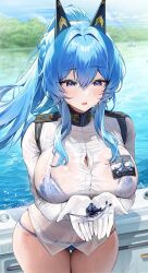 1girl absurdres animal bikini bikini_under_clothes black_horns blue_bikini blue_eyes blue_hair boat braid commentary_request cowboy_shot day fish frilled_bikini_top gloves goddess_of_victory:_nikke hair_intakes hair_over_breasts helm_(aqua_marine)_(nikke) helm_(nikke) high_ponytail highres holding holding_animal holding_fish horns jacket light_blush long_sidelocks looking_at_animal murabana44 naval_jacket on_boat open_mouth outdoors ponytail rainbow see-through_clothes see-through_jacket shoulder_boards side_braid sidelocks solo standing swimsuit water watercraft wet wet_clothes wet_hair wet_jacket white_gloves white_jacket