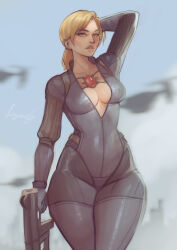 1girl blonde_hair bodysuit breasts cleavage full-length_zipper highres holding holding_weapon jill_valentine loginovls long_hair looking_at_viewer low_ponytail parted_lips ponytail purple_bodysuit resident_evil resident_evil_5 signature weapon zipper
