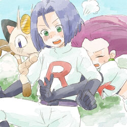 1boy 1girl black_gloves blue_hair blue_sky bush closed_eyes creatures_(company) game_freak gen_1_pokemon gloves green_eyes james_(pokemon) jessie_(pokemon) kurumi_(forte) looking_down lowres meowth nintendo pink_hair pokemon pokemon_(anime) pokemon_xy_(anime) sky team_rocket team_rocket_uniform
