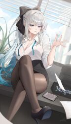 1girl black_bow black_dress black_skirt blue_eyes blush bow bra braid breasts chair collared_shirt dress fate/grand_order fate_(series) grey_hair hair_bow half_up_braid highres large_breasts long_hair long_sleeves looking_at_viewer morgan_le_fay_(chaldea_satellite_station)_(fate) morgan_le_fay_(fate) office office_chair office_lady open_bra pantyhose ponytail shirt sidelocks skirt solo swivel_chair thighs third-party_source underwear very_long_hair white_shirt
