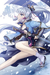 Rule 34 | 1girl, absurdres, ankoro, armor, ayaka (genshin impact), blue eyes, blue kimono, blunt bangs, cherry blossoms, closed mouth, faulds, floating hair, genshin impact, grey hair, hair ribbon, highres, holding, holding sheath, holding sword, holding weapon, japanese clothes, katana, kimono, long hair, long sleeves, pink ribbon, ponytail, profile, ribbon, sheath, sidelocks, socks, solo, sword, tabi, unsheathing, very long hair, weapon, white socks, wide sleeves