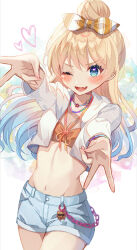 1girl ;d bikini bikini_top_only blonde_hair blue_eyes blue_hair blue_shorts blush bow collarbone commentary_request cowboy_shot cropped_jacket denim denim_shorts double_v fang gradient_hair gyaru_v hair_bow hair_bun halterneck highres jacket jacket_over_swimsuit light_blue_hair link!_like!_love_live! long_hair long_sleeves looking_at_viewer love_live! multicolored_hair navel official_alternate_costume official_alternate_hairstyle one_eye_closed open_clothes open_jacket open_mouth orange_bikini orange_bow osawa_rurino osawa_rurino_(swimsuit) shimada_(smd_dms) short_shorts shorts single_hair_bun skin_fang smile solo stomach swimsuit v v-shaped_eyebrows white_jacket