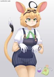 1girl :3 absurdres ahoge animal_ears animal_nose artist_name black_hair black_streaks blonde_hair bob_cut body_fur breast_pocket breasts bubbles_(dooby) buttons checkered_clothes closed_mouth colored_skin commentary cowboy_shot crossed_bangs dog dooby_(vtuber) double-parted_bangs english_commentary flask furrification furry furry_female gloves goggles goggles_on_head gradient_background green_eyes green_neckerchief grey_background hair_ornament hands_up highres hikimayu indie_virtual_youtuber jerboa_tail kappa kemonomimi_mode kippu_(dooby) legs_together looking_ahead madmadmad0489 mascot medium_breasts mouse_ears mouse_girl mouse_tail multicolored_hair multicolored_skin multicolored_tail neckerchief overall_shorts overalls pinstripe_overalls pinstripe_pattern pocket puffy_short_sleeves puffy_sleeves purple_liquid round-bottom_flask shirt short_eyebrows short_hair short_sleeves simple_background smile solo streaked_hair tail tail_raised thick_eyebrows thighs train_conductor two-tone_skin virtual_youtuber white_gloves white_hair white_shirt white_streaks yellow_tail