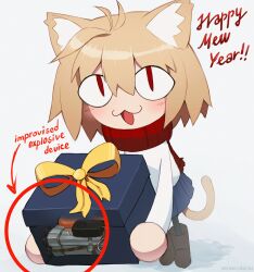 Rule 34 | &lt;|&gt; &lt;|&gt;, 1girl, absurdres, animal ear fluff, animal ears, arrow (symbol), artist name, blue skirt, blush, bomb, boots, brown boots, cat ears, cat tail, chibi, circle, commentary, english commentary, english text, explosive, full body, happy new year, highres, looking at viewer, neco-arc, new year, parasoru buruu, pipe bomb, shirt, skirt, snow, solo, standing, tail, tsukihime, white shirt, x-ray