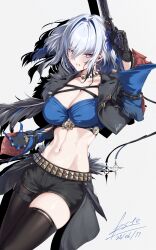 black_jacket black_pantyhose black_shorts black_thighhighs blue_bra blue_hair blue_nails bra breasts cleavage commentary dated esto_0079 feather_hair galbrena_(wuthering_waves) grey_hair gun hair_intakes highres holding holding_gun holding_weapon jacket large_breasts linea_alba long_hair looking_at_viewer multicolored_hair navel pantyhose purple_eyes shorts signature single_leg_pantyhose single_thighhigh smile stomach streaked_hair thighhighs thighs underwear very_long_fingernails weapon wuthering_waves