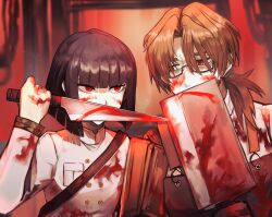 1boy 1girl bags_under_eyes black-framed_eyewear black_hair blood blood_on_clothes blood_on_face blood_on_hands bloody_knife bloody_weapon blunt_bangs blunt_ends brown_hair chef cleaver covered_mouth covering_own_mouth glasses gregor_(project_moon) hair_over_shoulder holding holding_cleaver holding_knife indoors jacket kitchen_knife knife limbus_company long_hair long_sleeves looking_at_another low_ponytail onituke overalls ponytail project_moon red_eyes ryoshu_(project_moon) semi-rimless_eyewear shirt short_hair under-rim_eyewear upper_body weapon white_jacket white_shirt