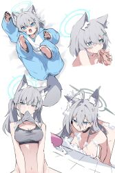 1girl absurdres animal_ear_fluff animal_ears barefoot biting blue_archive blue_pants blue_shirt blush breasts cleavage clothes_lift completely_nude cross_hair_ornament crying crying_with_eyes_open foam grey_hair grey_sports_bra hair_between_eyes hair_ornament highres large_breasts long_hair mmhomm nude open_mouth pants ponytail shiroko_(blue_archive) shirt shirt_lift short_sleeves sidelocks sports_bra streaming_tears tears teeth upper_teeth_only white_shirt wolf_ears wolf_girl
