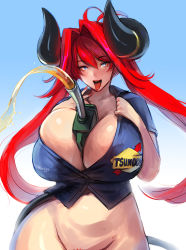 1girl absurdres ahoge banned_artist between_breasts black_horns blue_eyes blue_shirt borrowed_character bottomless breasts breasts_squeezed_together bursting_breasts cleavage commentary curvy english_commentary gas_pump_nozzle gasoline hair_between_eyes hair_intakes heart heart-shaped_pupils highres horn_ornament horn_ring horns huge_breasts junkpuyo looking_at_viewer nail_polish naughty_face original out-of-frame_censoring partially_unbuttoned plunging_neckline pubic_hair pubic_hair_peek race_queen red_hair red_nails shirt simulated_paizuri skindentation solo symbol-shaped_pupils tongue tongue_out tsunoko_(eu03) twintails