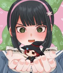 1girl black_hat blush chabashira_tenko character_doll danganronpa_(series) danganronpa_v3:_killing_harmony fang foreshortening green_eyes green_ribbon hair_ornament hair_ribbon hairband hands_up hat highres macaronimgmg pink_hairband red_hair ribbon sailor_collar school_uniform solo star_(symbol) star_hair_ornament sweat white_ribbon white_sailor_collar witch_hat yumeno_himiko